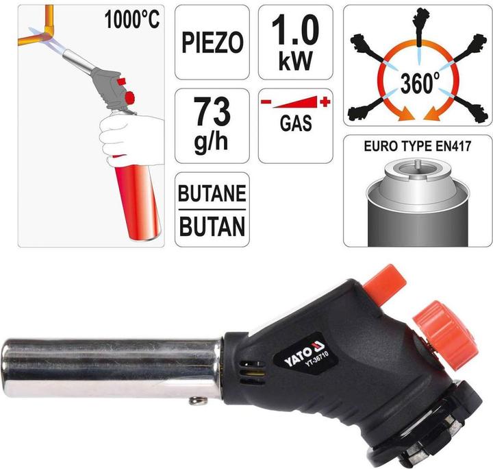 Actual product image Yato Professional gas soldering torch with piezo ignition | EN417 connection | 1 kW | 1000°C | Bunsen