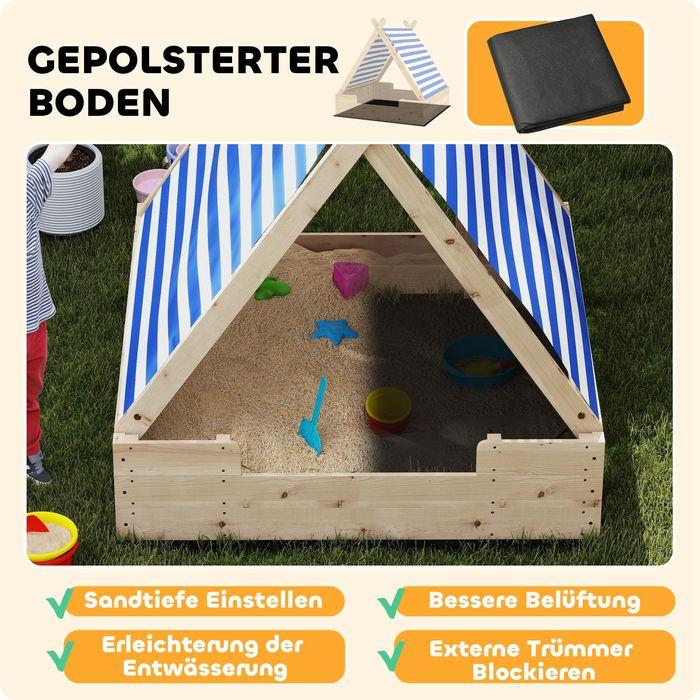 Immagine prodotto Swisshandel24 Sandkasten mit Zeltdach, 120 x 120 cm Sandkiste aus Holz mit Bodenplane Natur