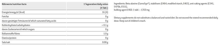 Nutritional values and ingredients Sponser Beta Alanine (1 Piece, Pills, 189 g)