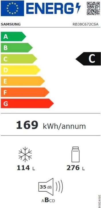 Label énergétique Samsung RB38C672CSA EcoFlex AI Réfrigérateur combiné en pose libre avec congélateur Wifi 2m 39 (390 l)