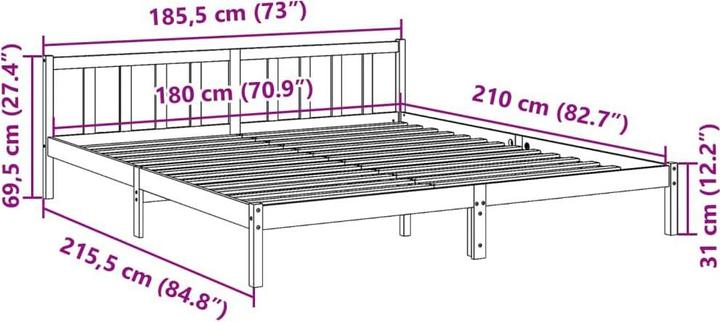 Produktbild VidaXL Bett Extra Lang ohne Matratze 180x210 (180 x 210 cm)