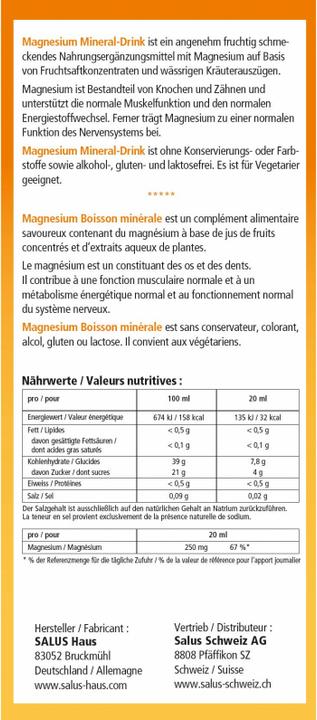 Valeurs nutritives et ingrédients Salus Magnésium liquide minéral (1 pièce(s), Liquide, 628 g)