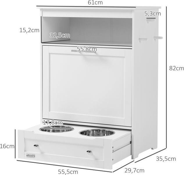 Produktbild Swisshandel24 Haustier-Futterschrank Tierfutterschrank mit 2 Edelstahlnäpfen, 3 Haken, Weiss