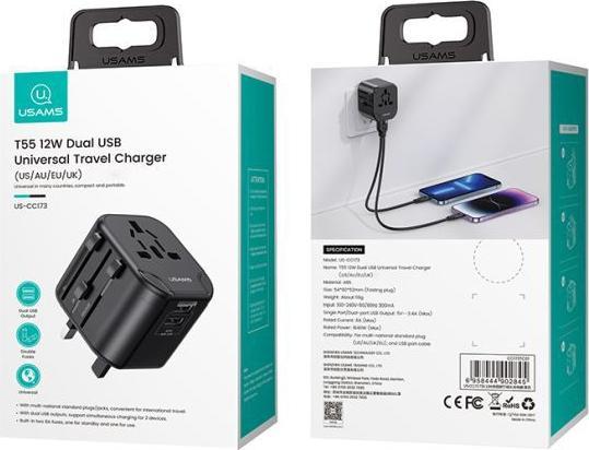 Produktbild Usams Ład. siec. 2xUSB T55 12W adapter 4w1 US/AU/EU/UK czarny/black CC173TC01 (US-CC173) Univesal Tr