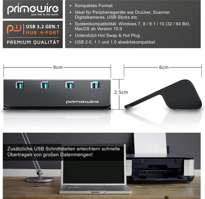 Immagine prodotto Primewire Hub a 4 porte USB 3.2 Gen.1 attivo, distributore con alimentatore, hub dati USB 3.0 supervelocità (USB-A, 4 Porti)