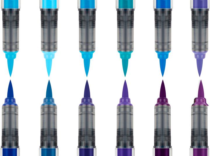 Produktbild Karin PRO - Brush Marker (sapphire blue 189, TURQUOISE 654, violet blue 688, Royal Blue 045, SKY BLUE 621, PLUM 197, arctic blue 264, indigo blue 169, cyan 207, EGYPTIAN BLUE 305, LILAC 226, Cool Aqua 204, 12 x)