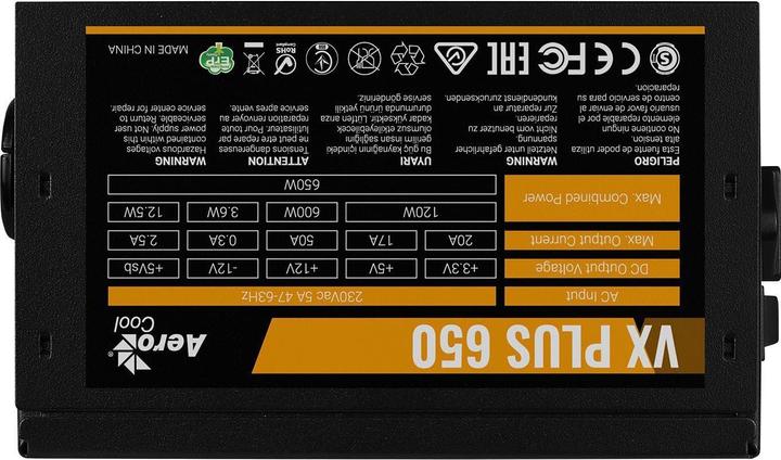 Actual product image AeroCool PGS VX-650Plus AEROVX-650PLUS (650 W, 120 mm) power supply unit (650 W)