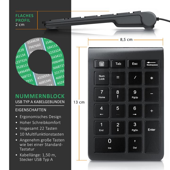 Image du produit Aplic Numpad 22 touches, clavier USB filaire, pavé numérique, pavé numérique clavier supplémentaire (DE, Filaire)