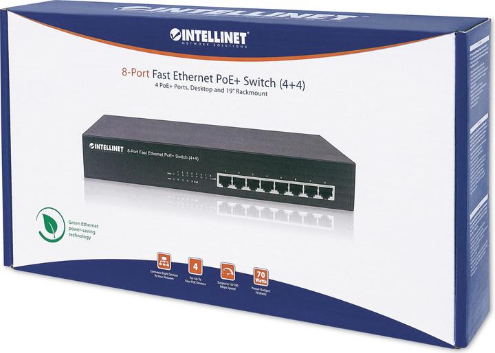 Actual product image Intellinet 8-Port Fast Ethernet PoE+ Switch 4 x PoE IEEE 802.3at/af Power-over-Ethernet Ports 4 x Standard R... (8 ports)