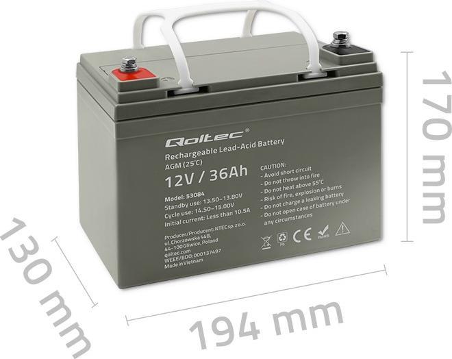 Actual product image Qoltec accumulator AGM | 12V | 36Ah | max.540A (12 V, 36 Ah)