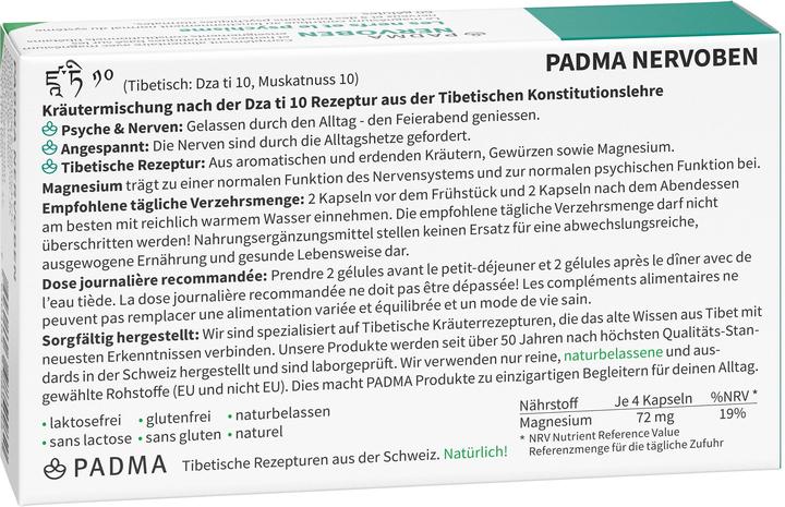 Valeurs nutritives et ingrédients Padma Nervoben (60 pièce(s), Capsules, 56 g)