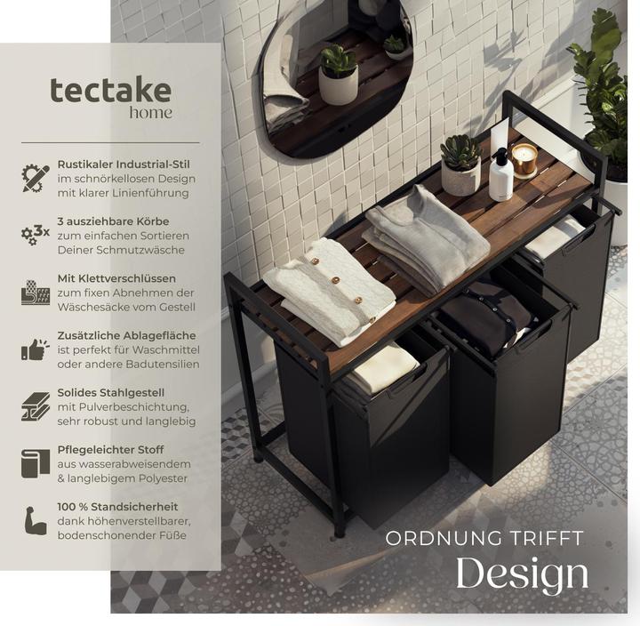Actual product image tectake Dual Laundry Basket - 2 pull out compartments, wooden folding shelf & high capacity (38 l)