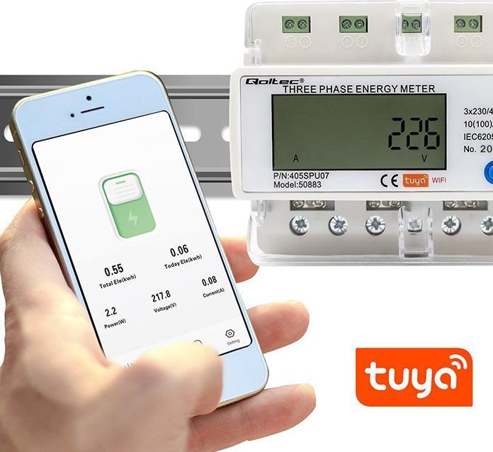 Actual product image Qoltec 50883 Three phase electronic energy consumption meter for DIN rail | Wi-Fi | TUYA | 400V | LC