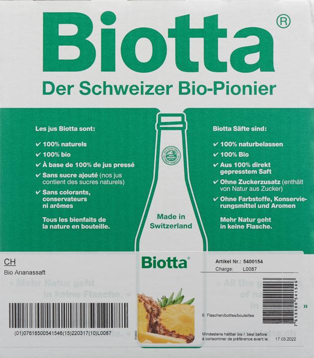 Valeurs nutritives et ingrédients Biotta Ananas (6 x 50 cl)