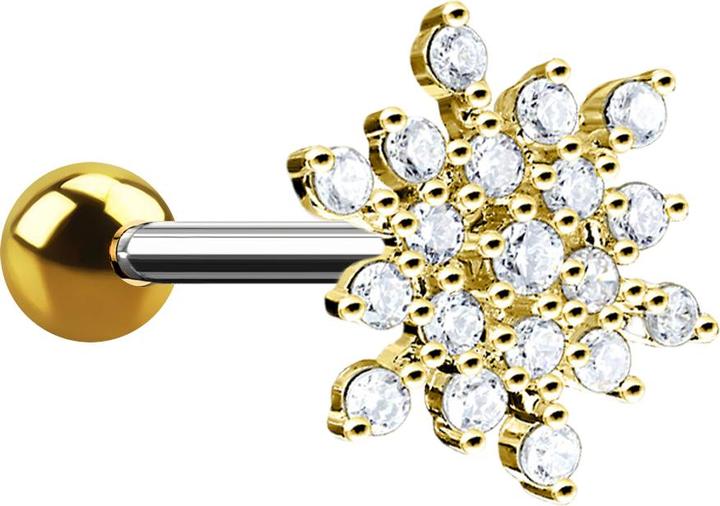 Image du produit Star Piercing Micro Barbell 14k vergoldet Schneeflocke mit Kristallen (Acier chirurgical 316L, Laiton)