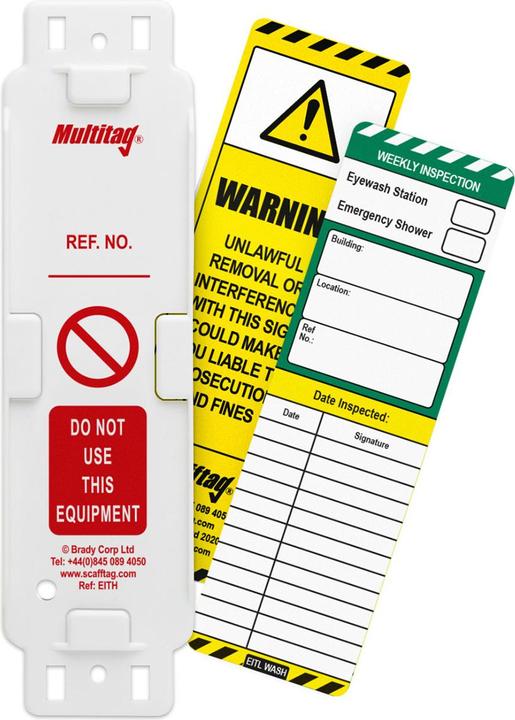Actual product image Brady Scafftag®, EITH-L-GB-WASH-4A, EyeWash ShowerTag Set, 4 Multitag Holders, 20 EyeWash ShowerTag Units