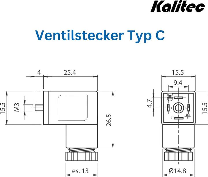 Image du produit Kalitec 5 Stück Ventilstecker Bauform C schwarz 4 polig I Kontaktfläche 15,5 x 15,5 mm² I PG7 I Kont