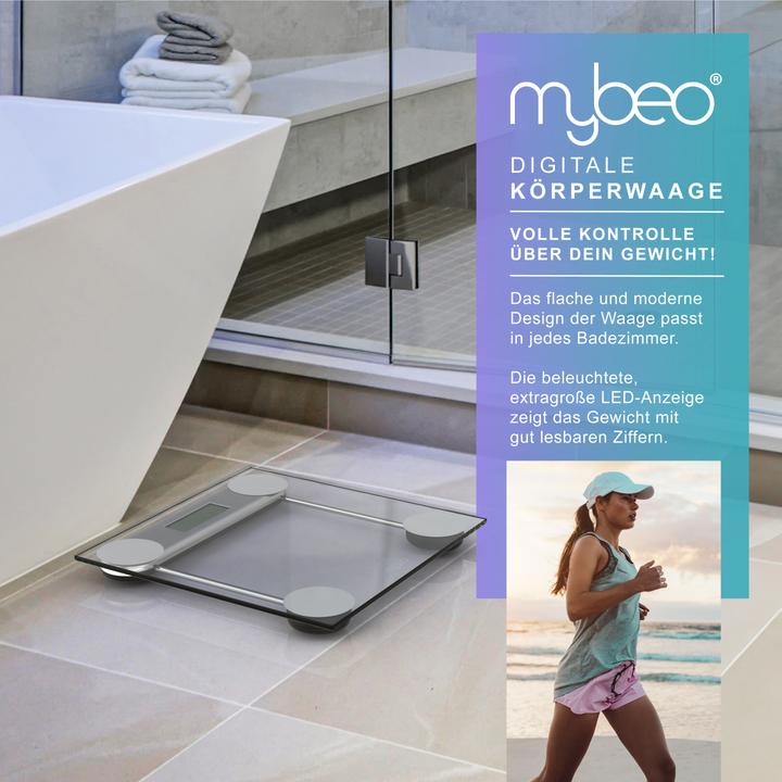 Produktbild Mybeo Digitale Waage für Personen, grosse Trittfläche aus 6mm Sicherheitsglas, Digitalwaage, Personenwaage (180 kg)