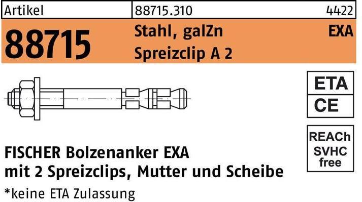 Produktbild Fischer Bolzenanker R 88715 EXA 10/ 45 Stahl galvanisch verzinkt/Spreizclip A 2 (50 Stk.)