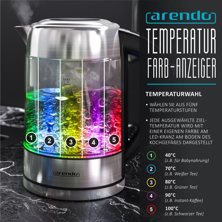 Produktbild Arendo Wasserkocher 1,7 l, 2200 W, Edelstahl mit Glaskörper, Temperaturwahl 40°C - 100°C, Aufkochfunktion (1.70 l)