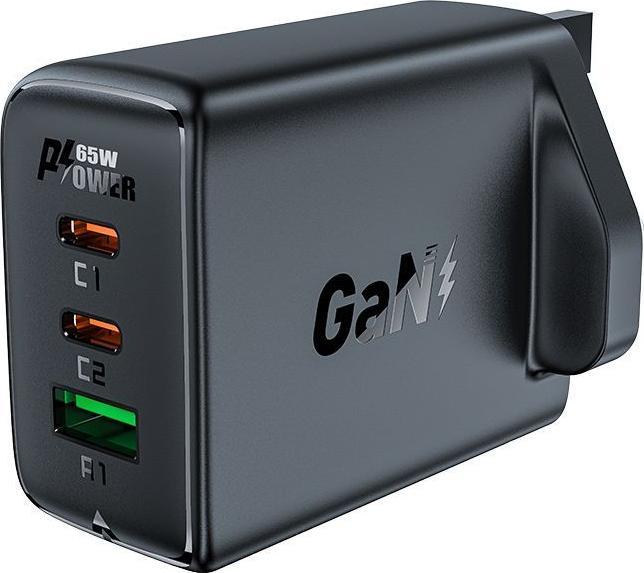 Actual product image Acefast charger GaN 65W 3 ports (1xUSB, 2xUSB C PD) UK plug black (A44) (65 W)