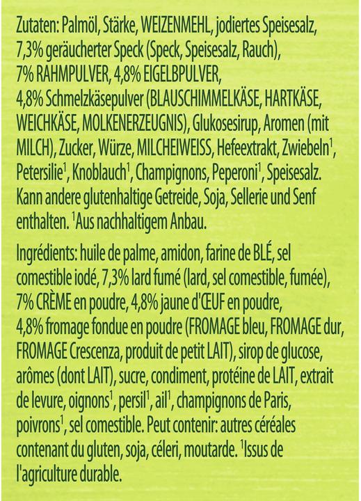 Nutritional values and ingredients Knorr Salsa per pasta carbonara sauce, delicate cheese sauce with spicy bacon cubes, for spaghetti & pasta (28 g)