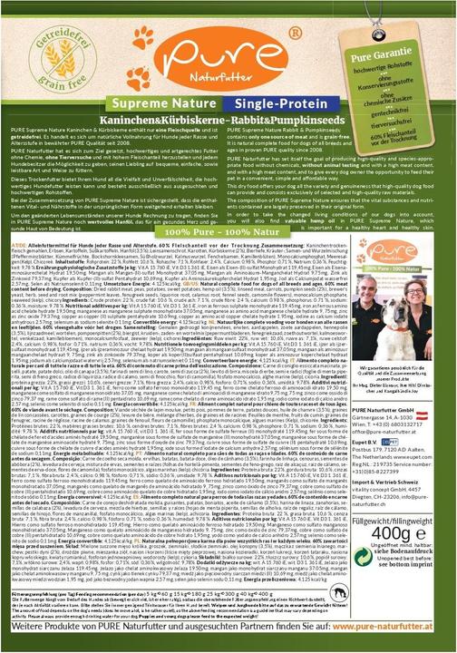 Produktbild Pure Naturfutter PURE Kaninchen & Kürbiskerne - single Protein & getreidefrei (Adult, Junior, Senior, 1 Stk., 400 g)