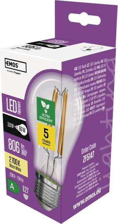 Emos LED Lampe Filament A60 / E27 / 3,8 W (60 W) / 806 lm / Warmweiss (E27, 3.80 W, 806 lm, 1 x, A)