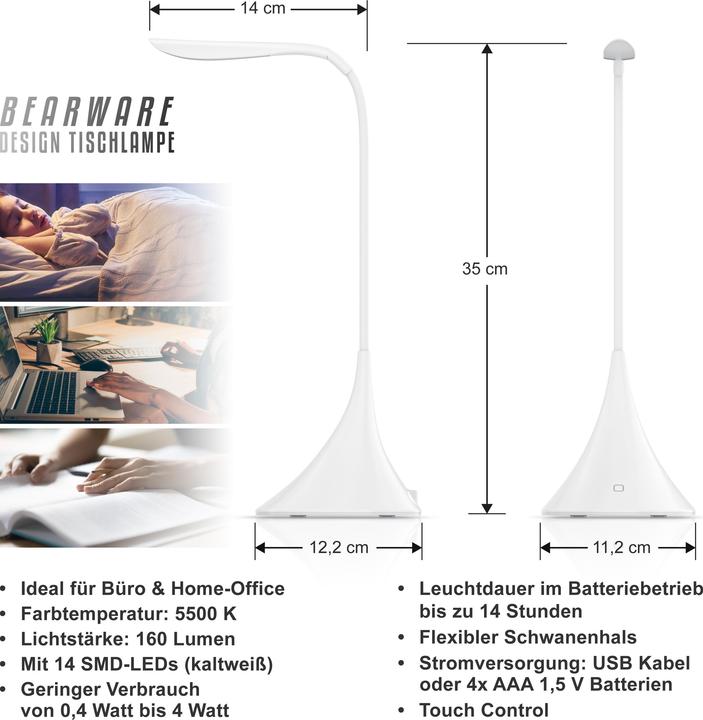Image du produit CSL Schreibtischlampe LED Tischlampe, flexibler Schwanenhals, Leselampe mit USB oder Batteriebetrieb (160 lm)