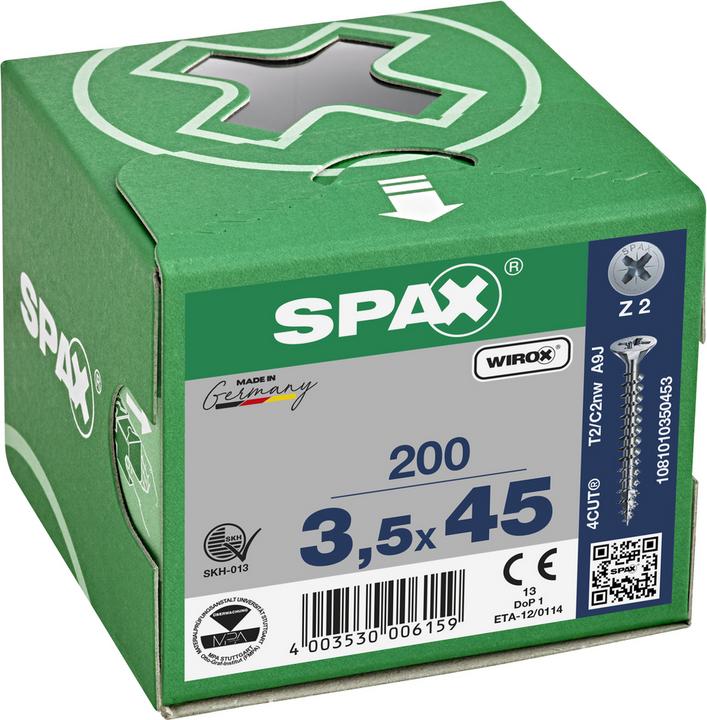 Immagine prodotto Spax Vite R 88094 Testa svasata con intaglio a punta/croce -PZ 3,5 x 45/40-Z Acciaio zincato WIROX (200 Viti per pezzo)