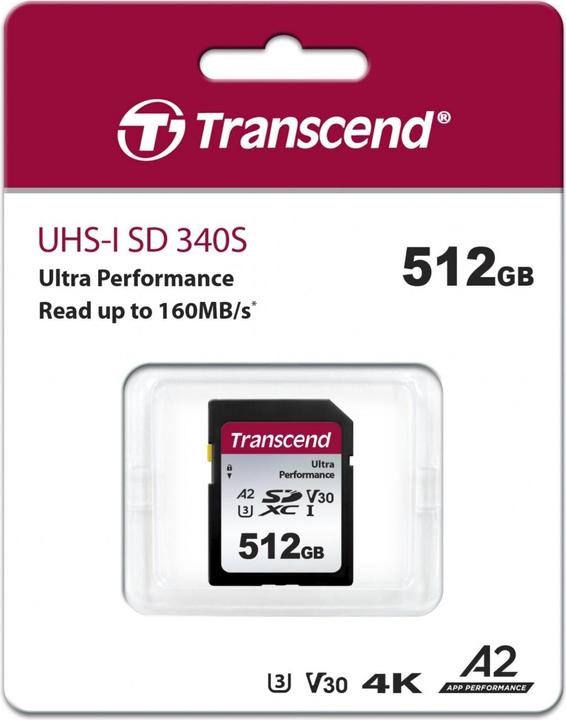 Produktbild Transcend SD Card SDXC SDC340S 160/90 MB/s (512 GB, SDXC, U3, UHS-I)