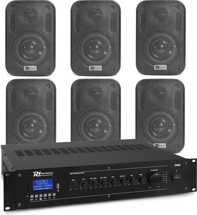 Power Dynamics Outdoor -Lautsprecher -Set - 6x Black 60W -Lautsprecher und 100 -V -Verstärker - Blue (Attivo)
