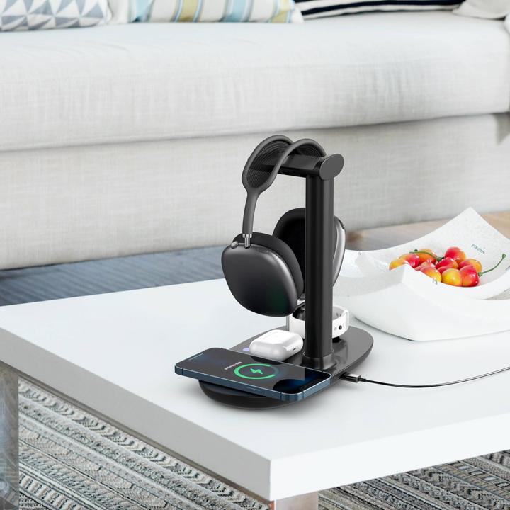 Produktbild PhoneLook 4 in 1 moderne 30W Ladestation wireless mit Kopfhörerhalterung für AirPods Max, iPhone, AppleWatch (30 W)
