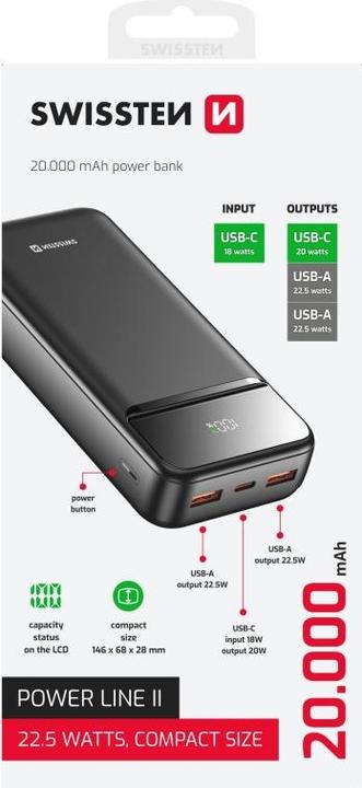 Image du produit Swissten Power Bank 20000 Mah Power Line II Black (20000 mAh, 22.50 W, 22.50 Wh)