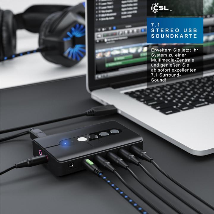 Actual product image CSL external USB sound card, 7.1 surround sound, stereo audio adapter, for PC - Win 10, 11 (USB)