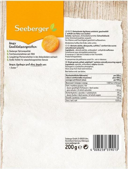 Valeurs nutritives et ingrédients Seeberger abricots (200 g)