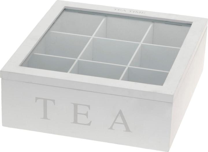 Produktbild Mojawo Teebox Holz Weiss Deckel 9-Fächer mit Aufschrift TEA