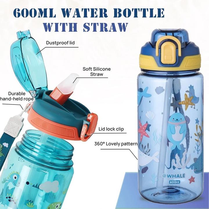Produktbild ASMI Kinder Trinkflasche, Wasserflasche mit Strohhalm Whale Blau (0.60 l)