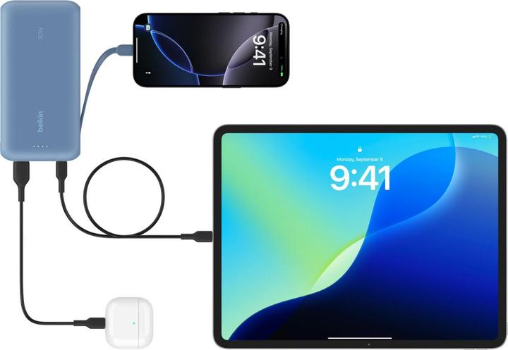 Actual product image Belkin Powerbank 20.000mAh blue 30W integr.USB-C cable BPB024hqBL (20000 mAh, 30 W, 74 Wh)