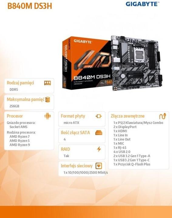 Immagine prodotto Gigabyte B840M DS3H (AM5, AMD B840, mATX)