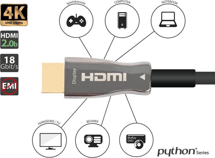 Produktbild Python AOC Hybrid High-Speed HDMI 2.0b, stahlarmiert, 4K @60Hz, 18 GBit/s, schwarz, 30m, Series (30 m, HDMI)