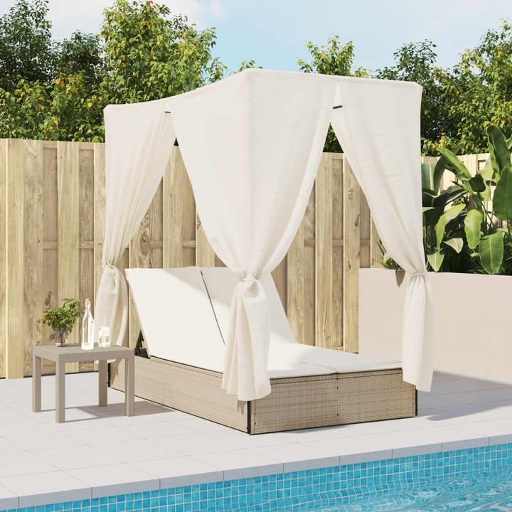 Image du produit VidaXL Chaise longue double Chaise longue de jardin avec toit Rideaux Beige Poly Rattan (114 cm)