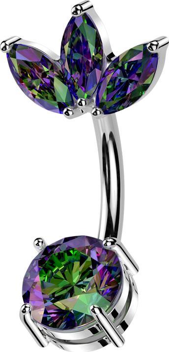 Actual product image Star Piercing Banane silber Blatt drei Ovale Kristalle dunkel multicolor und Kristall dunkel multicolor gefasst (Surgical steel 316L, Brass)