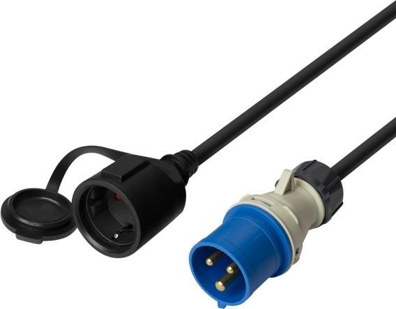 Deltaco Grounded adapter cable IP44, 230 V 16 A, 1 m, black