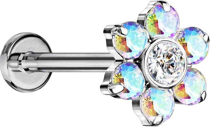 Immagine prodotto Star Piercing Labret Micro Threadless argento fiori cristalli multicolore (senza ottone, Titanio G23)
