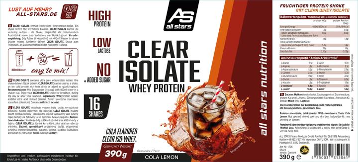 Nährwerte und Zutaten All Stars Clear Isolate Whey Protein (390g Dose) (Cola, 1 Stk., 390 g)