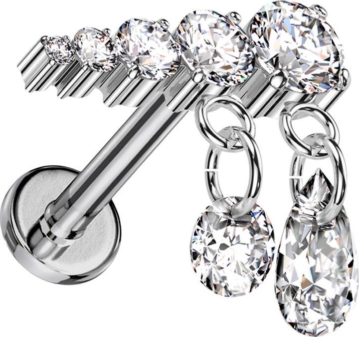 Produktbild Star Piercing Micro Labret Innengewinde silber fünf Kristalle silber Anhänger zwei Ketten Kristalle silber links (ohne Messing, Titan G23)