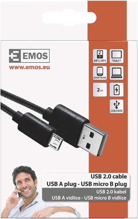 Produktbild Emos USB Kabel 2.0 A Stecker - micro B Stecker 2m, schwarz (2 m, USB 2.0)