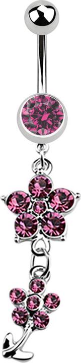 Produktbild Star Piercing Banane silber mit Anhänger zwei Kristallblumen pink (Chirurgenstahl 316L)