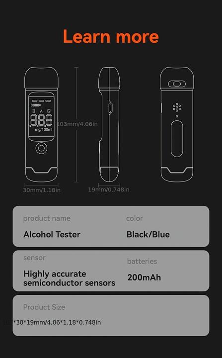 Image du produit PhoneLook Alcootest numérique éthylotest portable avec écran LCD format poche (USB-C, rechargeable)